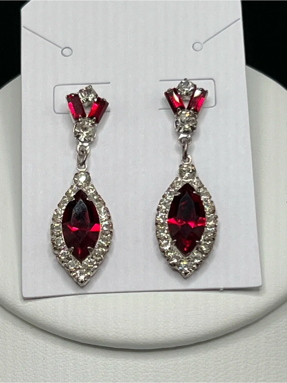 Vtg Red Rhinestone Dangle Earrings Silver Tone Marquise Glass Stones Art Deco